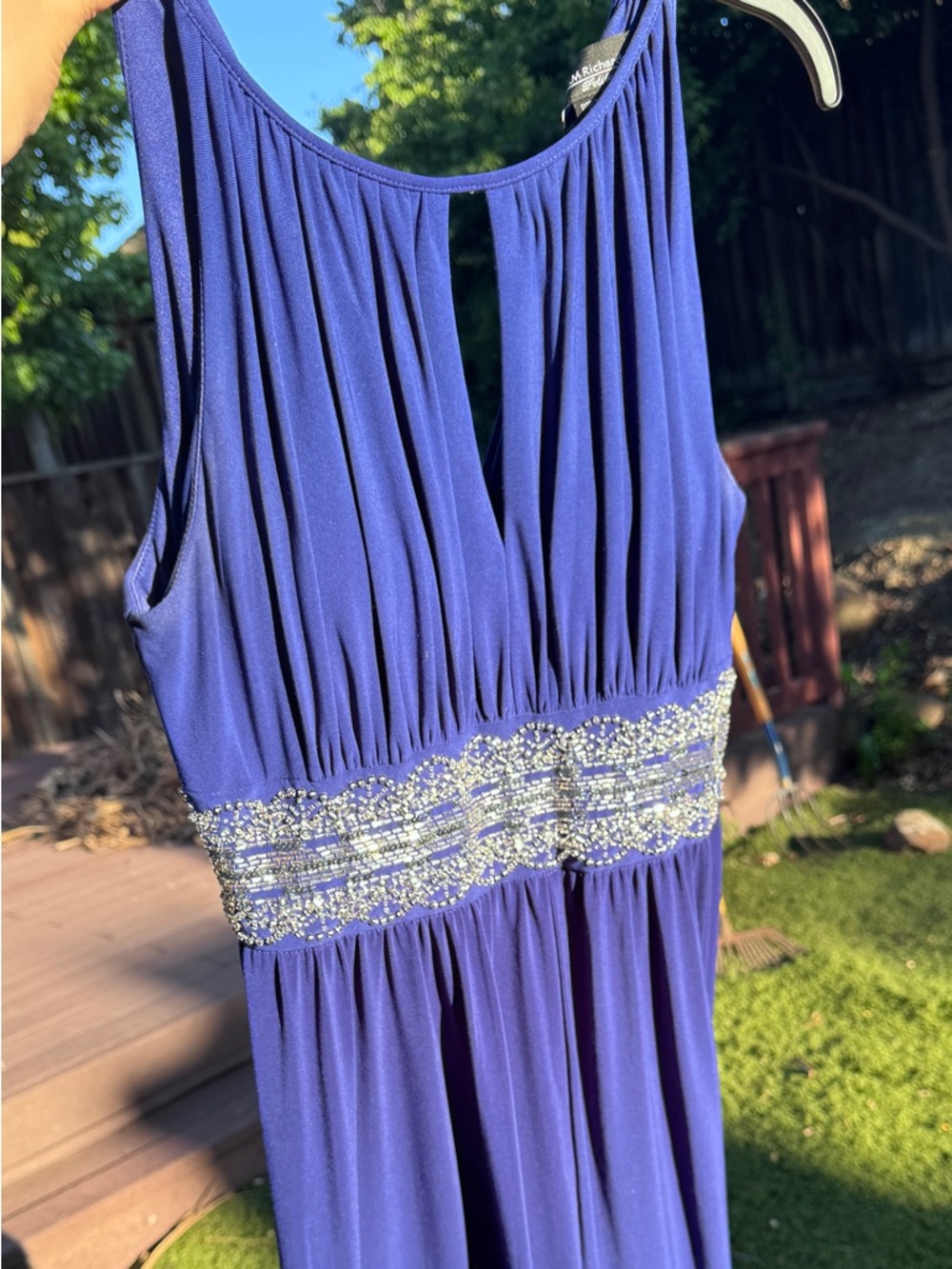 R&M Richards Petite Royal Blue Sleeveless Evening Dress with Gathered Bodice